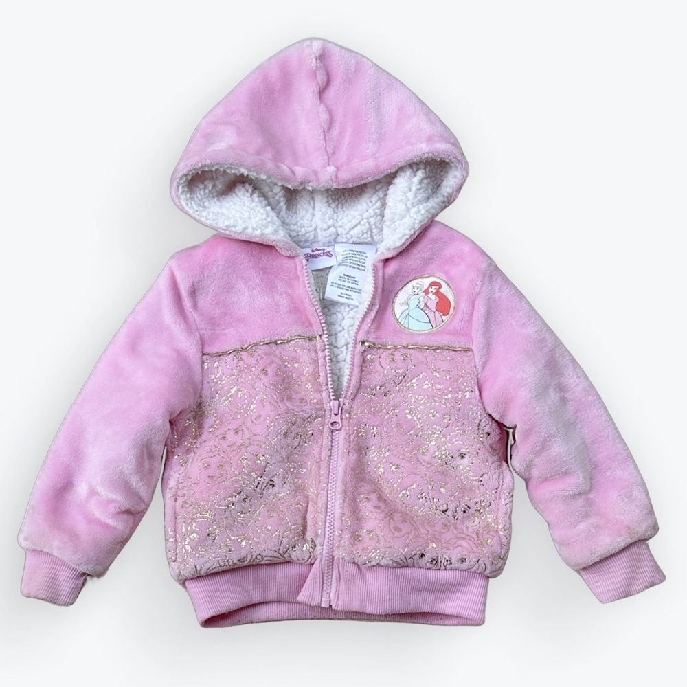 Disney Princess Pink Plush & Metallic Gold Faux Sherpa Lined Hoodie Jacket ~ 3T